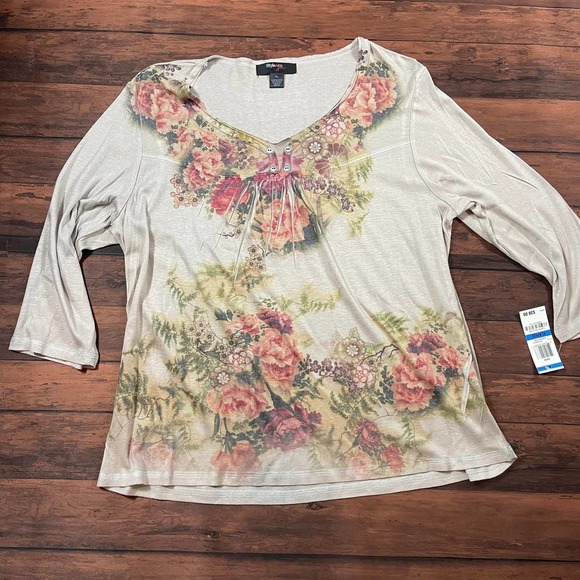 Style & Co. Floral Light Brown 3/4 Sleeve Top XL - Picture 1 of 5
